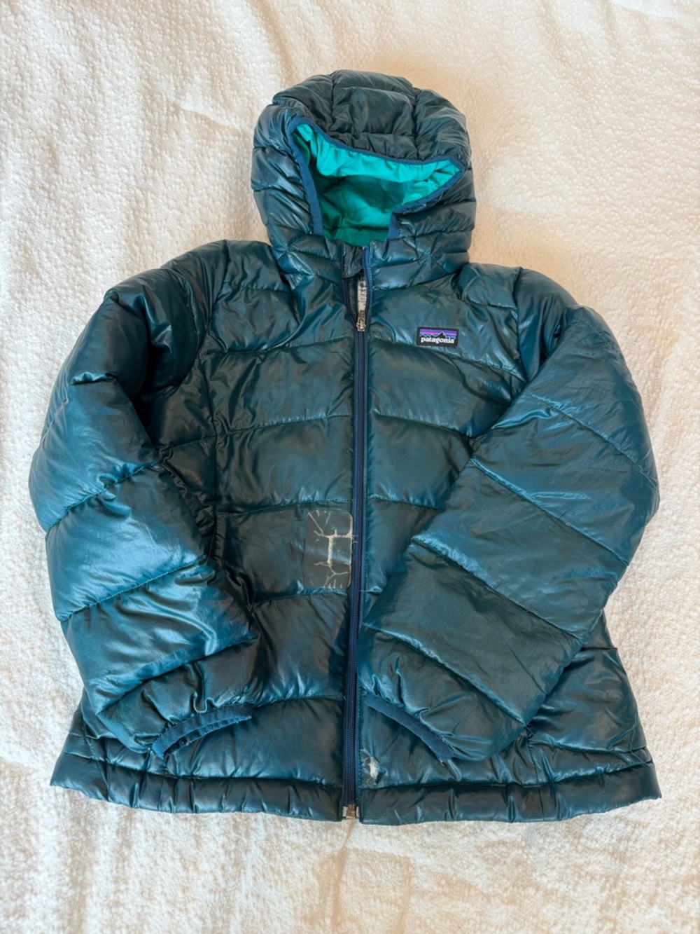 Patagonia Kids’ High-Loft teal down sweater hoody
